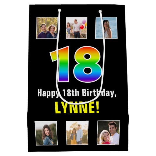18e verjaardag: Regenboog "18", aangepaste foto's Medium Cadeauzakje (Achterkant)