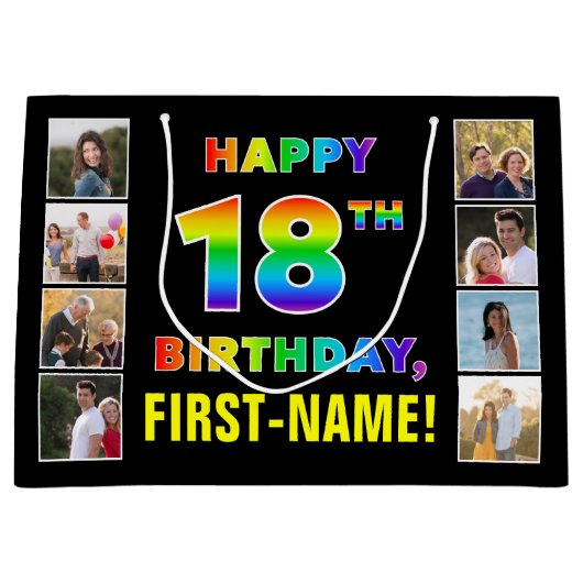 18e verjaardag: Regenboogtekst, aangepaste foto's Groot Cadeauzakje (Voorkant)