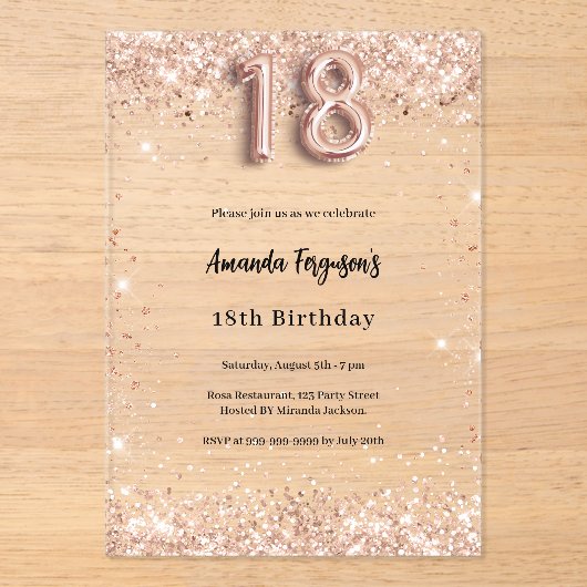 18e Verjaardag roos Gold Clear Party Acryl Uitnodigingen (Voorkant)