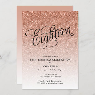 18e Verjaardag Roos Gouden Glitter Invitation Kaart