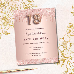 18e verjaardag roos gouden glitter roze uitnodigin briefkaart