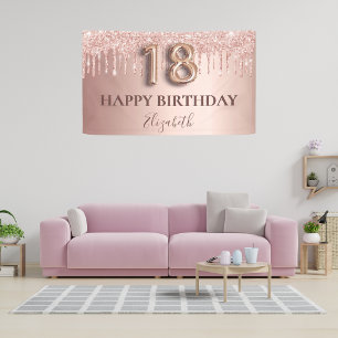 18e Verjaardag roos Gouden Roze Druppels Spandoek