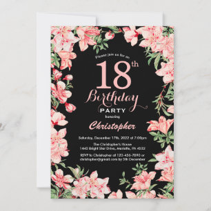 18e verjaardag Roze Floral Flowers Black Achtergro Kaart