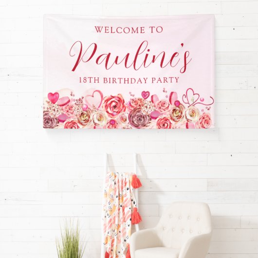 18e verjaardag roze roos swirly hart welkom spandoek (Insitu)