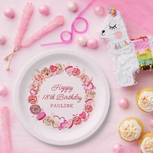 18e verjaardag roze rozen swirly hart papieren bordje (Feest)