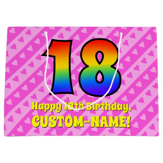 18e verjaardag: roze strepen & harten, regenboog # groot cadeauzakje (Voorkant)