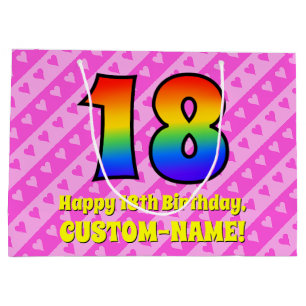 18e verjaardag: roze strepen & harten, regenboog # groot cadeauzakje