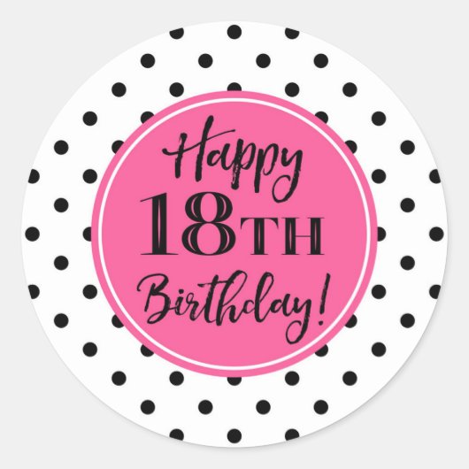18e verjaardag Roze zwarte witte Stippen Ronde Sticker (Voorkant)