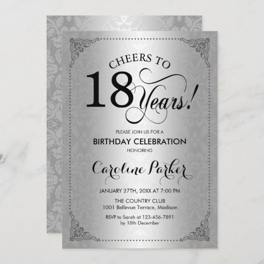18e verjaardag - Silver Damask Kaart (Voorkant / Achterkant)