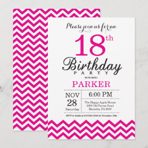 18e Verjaardag Uitnodiging Hot Pink Chevron