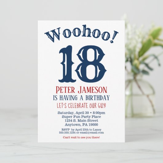 18e verjaardag Uitnodiging Mannen marine Blue (Staand voorkant)