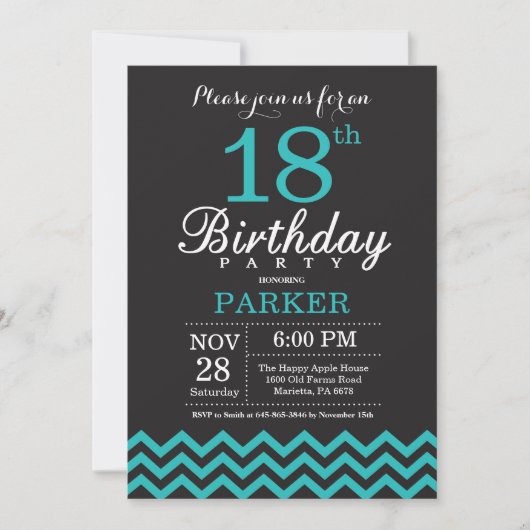 18e verjaardag uitnodiging zwart en Blauwgroen (Voorkant)