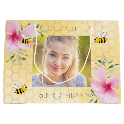 18e verjaardag van bijen roze bloemen honingraat groot cadeauzakje (Voorkant)