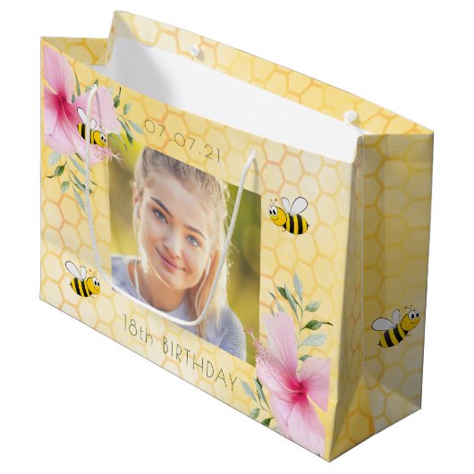 18e verjaardag van bijen roze bloemen honingraat groot cadeauzakje (Voorkant Gekanteld)