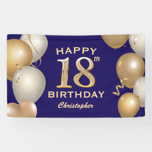 18e verjaardag van de marineblauw en goudballonnen spandoek