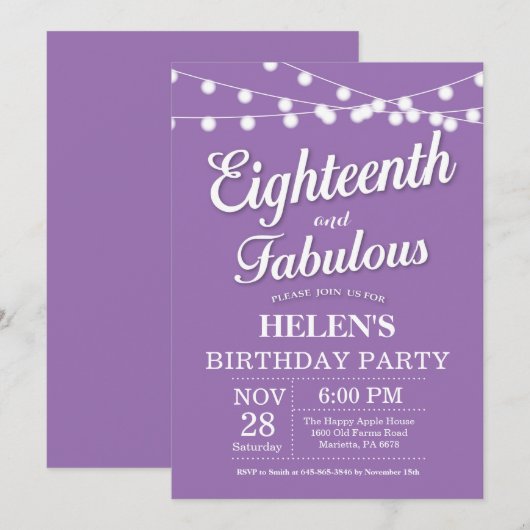 18e verjaardag van de uitnodiging aan het Paars Fa (Voorkant / Achterkant)