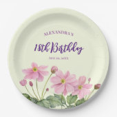 18e Verjaardag Waterverf Roze Japans Anemone Papieren Bordje (Voorkant)