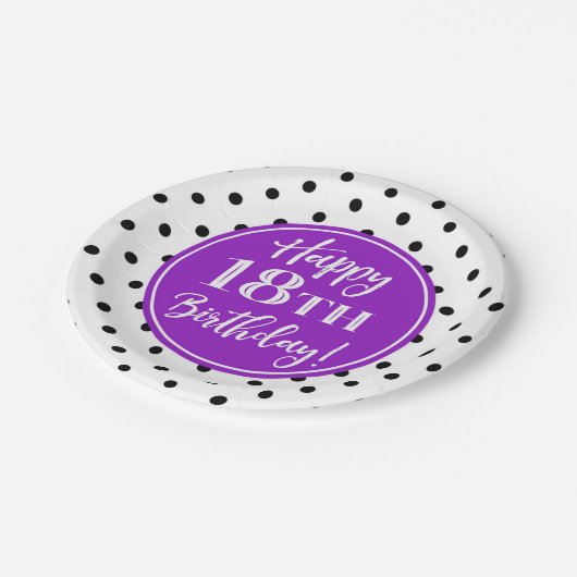 18e verjaardag Witte Paarse zwarte Stippen Papieren Bordje (Gekanteld)