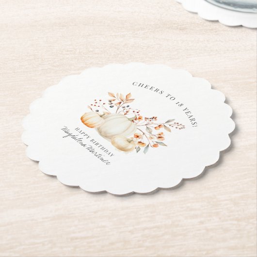 18e Verjaardag Witte Pompoen Fall Bladeren Custom Kartonnen Onderzetters (Gekanteld)