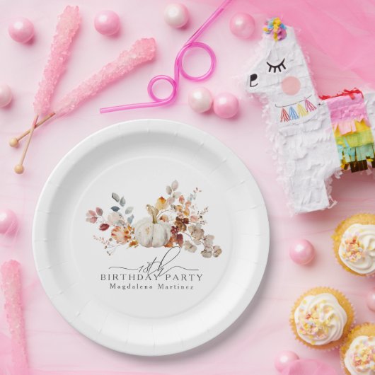 18e Verjaardag Witte Pompoen Herfst Bloemen Custom Papieren Bordje (Feest)