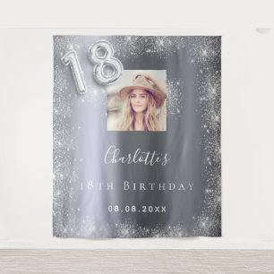 18e verjaardag zilveren foto glitter stof welkom  wandkleed