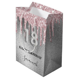 18e verjaardag zilverglitter druppelt roze monogra medium cadeauzakje