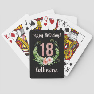 18e verjaardag zwart bloemmotief pokerkaarten