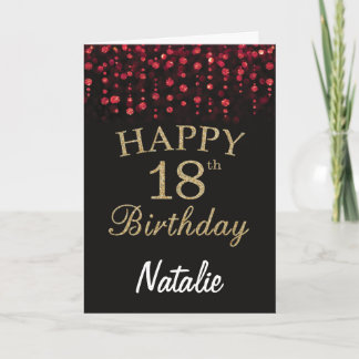 18e Verjaardag Zwart en Rood Goud Glitter Kaart