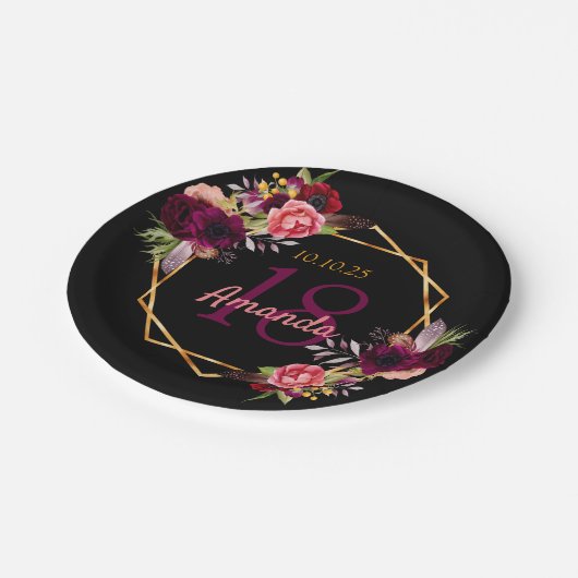 18e verjaardag zwart goud geo bloemenbordeaux papieren bordje (Gekanteld)