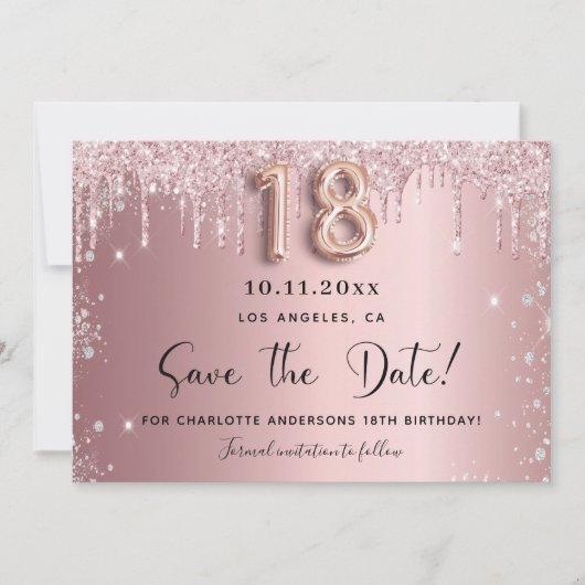 18e verjaardag zwart roze zilver met de datum save the date (Voorkant)