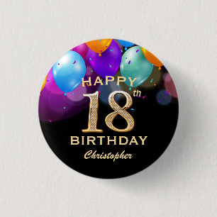 18e verjaardag Zwarte en gouden ballonnen Ronde Button 3,2 Cm