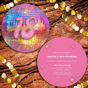 18e Verjaardagsfeest Goud Roze Glitters Disco Bal Kaart