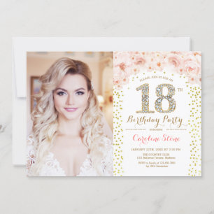 18e verjaardagsfeest met foto - Gouden Roze Bloeme Kaart