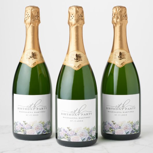 18e Verjaardagsfeest Witte Roos Blauw Bloemen Cust Sparkling Wijnetiket (Flessen)