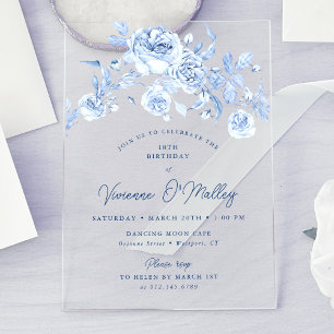 18e verjaardagsfeestje Dusty Blue Floral Acryl Uitnodigingen