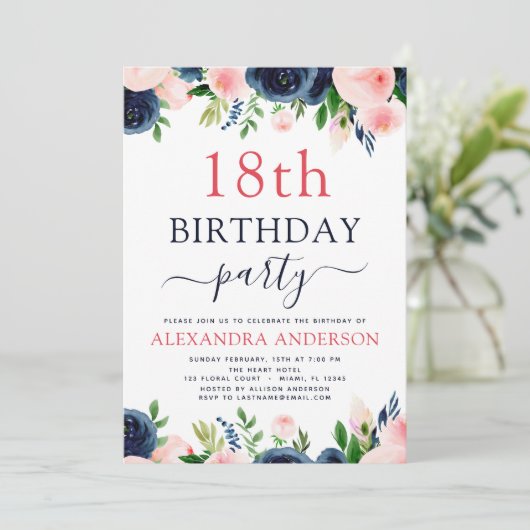 18e verjaardagsfeestje marineblauw blush roze bloe kaart (Staand voorkant)