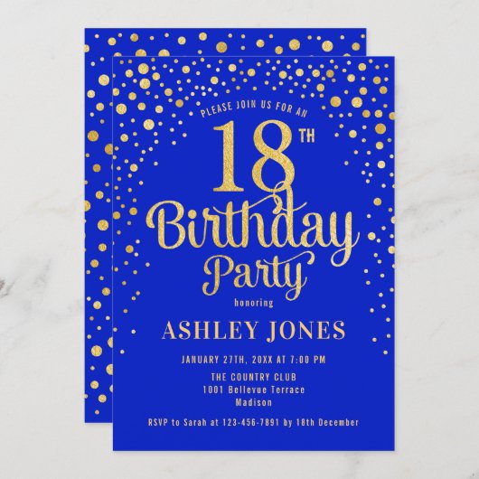 18e verjaardagsfeestje - Royal Blue & Gold Kaart (Voorkant / Achterkant)