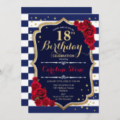 18e Verjaardagsuitnodiging Navy White Stripes Roze Kaart (Voorkant / Achterkant)