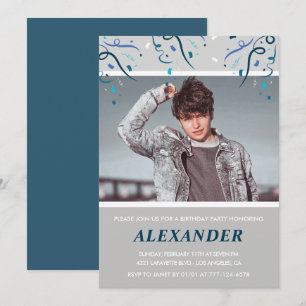18e verjaardagsuitnodigingen Mannen Confetti Photo Kaart