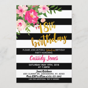 18ème Invitation d'anniversaire - w/Black floral