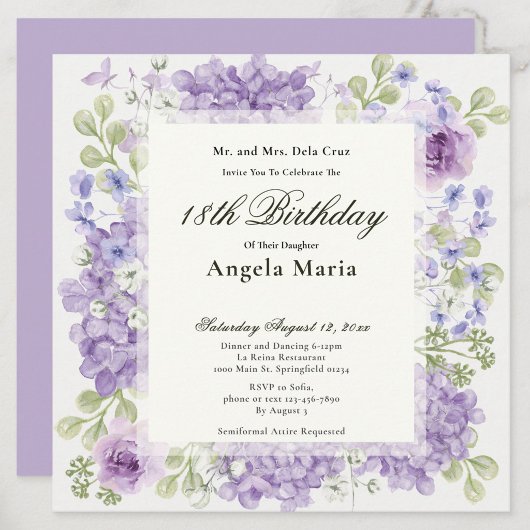 18th Birthday Invitation Elegant Purple Flowers