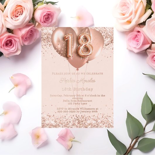 18th birthday rose gold balloons invitation folie uitnodiging