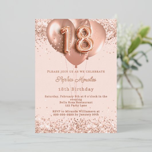 18th birthday rose gold balloons invitation folie uitnodiging (Staand Voorkant)