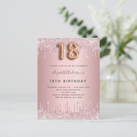 18th Birthday roze stoffige roos glitter roze luxe Uitnodiging Briefkaart (Staand voorkant)