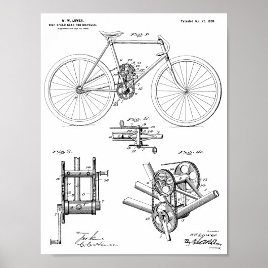 1900 High Speed Gear Bicycle Design Patent Print (Voorkant)