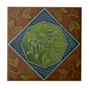 1900 Majolica Honeysuckle Floral Repro Faux Relief Tegeltje