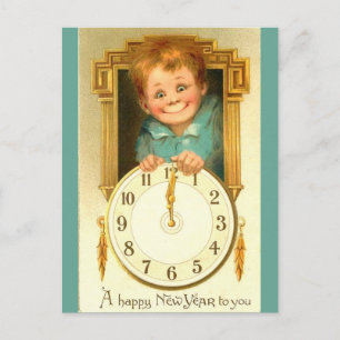 1900 New Year Cute Boy & Gold Clock Image Feestdagenkaart