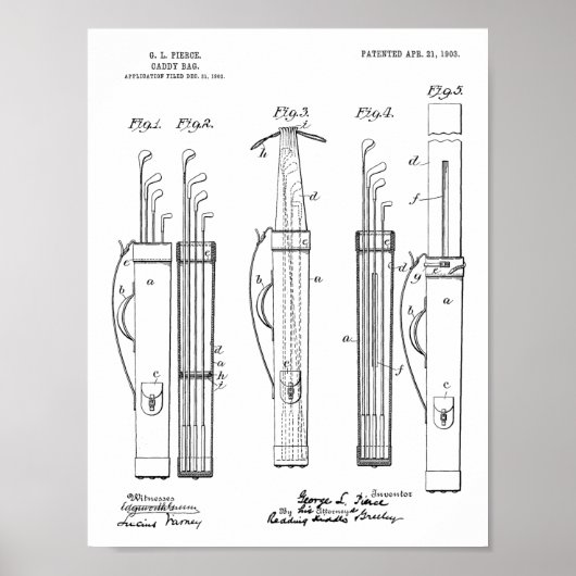 1903 Golf Club Caddy Bag Design Patent Art Print (Voorkant)