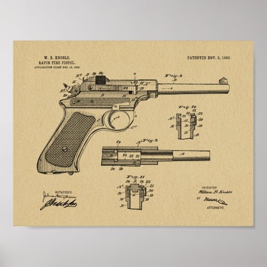 1903 Rapid Fire Pistool Patent Art Drawing Print (Voorkant)