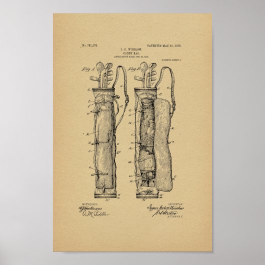 1905 Golf Caddy Bag Patent Art Print (Voorkant)